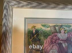 Antique Young Man Soaking A Couple Scene Watercolor Painting Framed