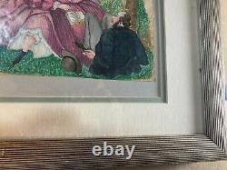 Antique Young Man Soaking A Couple Scene Watercolor Painting Framed