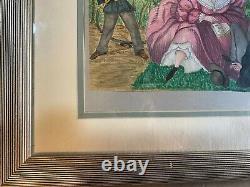 Antique Young Man Soaking A Couple Scene Watercolor Painting Framed