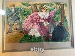 Antique Young Man Soaking A Couple Scene Watercolor Painting Framed