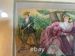 Antique Young Man Soaking A Couple Scene Watercolor Painting Framed