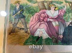 Antique Young Man Soaking A Couple Scene Watercolor Painting Framed