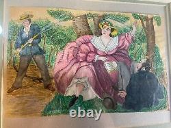 Antique Young Man Soaking A Couple Scene Watercolor Painting Framed