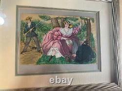 Antique Young Man Soaking A Couple Scene Watercolor Painting Framed