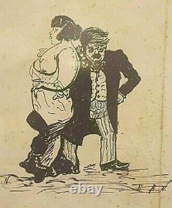 Antique art black ink pen draw or painting Euro couple 10x13in framed sign B. N