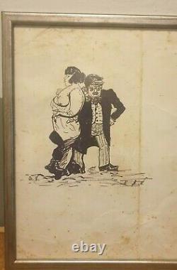 Antique art black ink pen draw or painting Euro couple 10x13in framed sign B. N