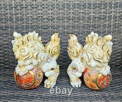 Antique large pair porcelain figurine Foo Dogs/Lions Shishi Kutani Signed