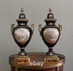 Antique pair 19c French Gilt-Bronze Sevres style signed cobalt blue urns vases