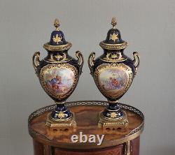 Antique pair 19c French Gilt-Bronze Sevres style signed cobalt blue urns vases