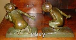 Antique pair Signed E. Barrett Parsons bronze children bookends-15874