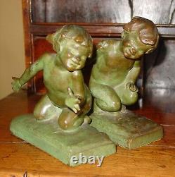 Antique pair Signed E. Barrett Parsons bronze children bookends-15874