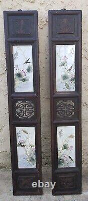 Antique pair Wall wood Hand Painted Tiles Signed Oriental Plaques Birds 36x 6