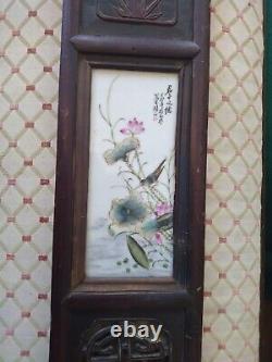 Antique pair Wall wood Hand Painted Tiles Signed Oriental Plaques Birds 36x 6