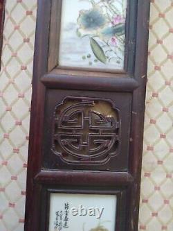 Antique pair Wall wood Hand Painted Tiles Signed Oriental Plaques Birds 36x 6