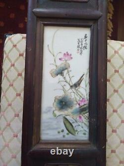 Antique pair Wall wood Hand Painted Tiles Signed Oriental Plaques Birds 36x 6
