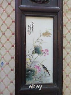 Antique pair Wall wood Hand Painted Tiles Signed Oriental Plaques Birds 36x 6