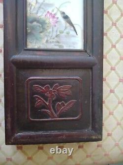 Antique pair Wall wood Hand Painted Tiles Signed Oriental Plaques Birds 36x 6