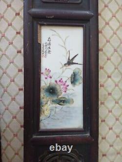 Antique pair Wall wood Hand Painted Tiles Signed Oriental Plaques Birds 36x 6