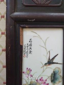 Antique pair Wall wood Hand Painted Tiles Signed Oriental Plaques Birds 36x 6