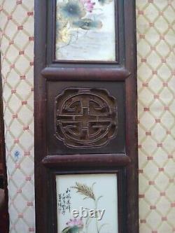 Antique pair Wall wood Hand Painted Tiles Signed Oriental Plaques Birds 36x 6