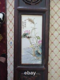 Antique pair Wall wood Hand Painted Tiles Signed Oriental Plaques Birds 36x 6