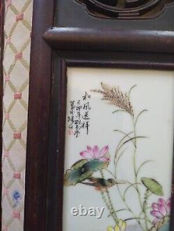 Antique pair Wall wood Hand Painted Tiles Signed Oriental Plaques Birds 36x 6