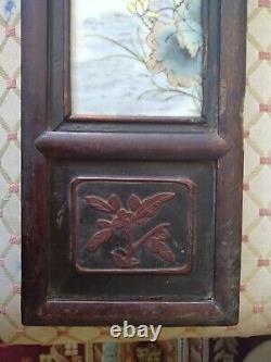 Antique pair Wall wood Hand Painted Tiles Signed Oriental Plaques Birds 36x 6