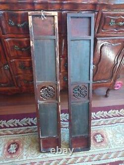 Antique pair Wall wood Hand Painted Tiles Signed Oriental Plaques Birds 36x 6