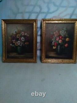 Antique pair framed flower. Roses painting on board signed 1920s
