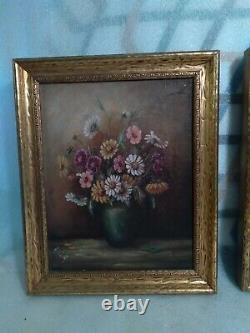 Antique pair framed flower. Roses painting on board signed 1920s