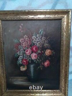 Antique pair framed flower. Roses painting on board signed 1920s