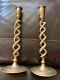 Antique Pair Of 19th Century Signed Barley Twist Solid Brass Candlesticks