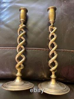 Antique pair of 19th century signed barley twist solid brass candlesticks