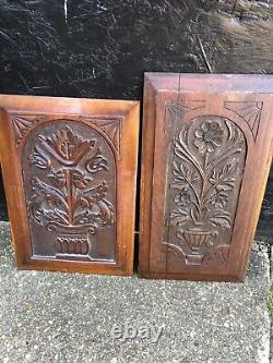 Antique pair of Carved floral furniture panels plaques architectural Edwardian