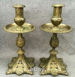 Antique pair of french Napoleon III candlesticks 19th century bronze signed 5lb