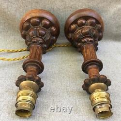 Antique pair of french lamps 1940's woodwork sculpture signed black forest