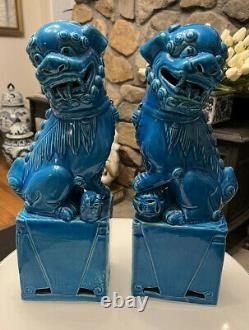 Antique pair of signed chinese porcelain turquoise foo dog figurines hong kong