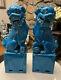 Antique Pair Of Signed Chinese Porcelain Turquoise Foo Dog Figurines Hong Kong