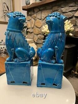 Antique pair of signed chinese porcelain turquoise foo dog figurines hong kong