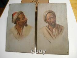 Antique pair signed painting orentalist african tribesman on board flores