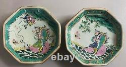 Antique pair tray chinese porcelain famille rose verte signed red mark dish