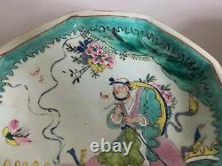 Antique pair tray chinese porcelain famille rose verte signed red mark dish