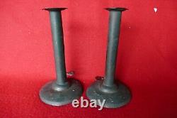 Antique primitive 19th c signed pair original green paint hogscraper candlestick