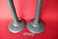 Antique primitive 19th c signed pair original green paint hogscraper candlestick