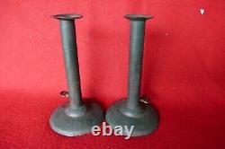 Antique primitive 19th c signed pair original green paint hogscraper candlestick