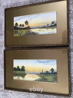 Antique vintage pair gilt framed signed original gouache/ Watercolour Paintings