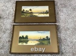 Antique vintage pair gilt framed signed original gouache/ Watercolour Paintings