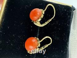 Antiqued FRANZ BREUNING SIGNED FB 8k GOLD 333 NATURAL CORAL Designed EARRINGS