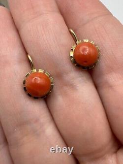 Antiqued FRANZ BREUNING SIGNED FB 8k GOLD 333 NATURAL CORAL Designed EARRINGS
