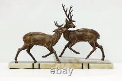 Art Deco Antique Pair of Stags Sculpture, Marble, Signed #48744